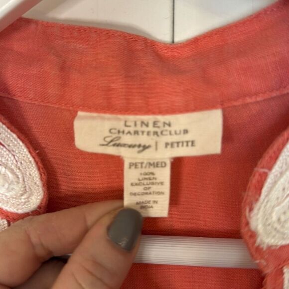 Charter Club 100% linen luxury coral lace trim tunic blouse MP - Picture 3 of 8